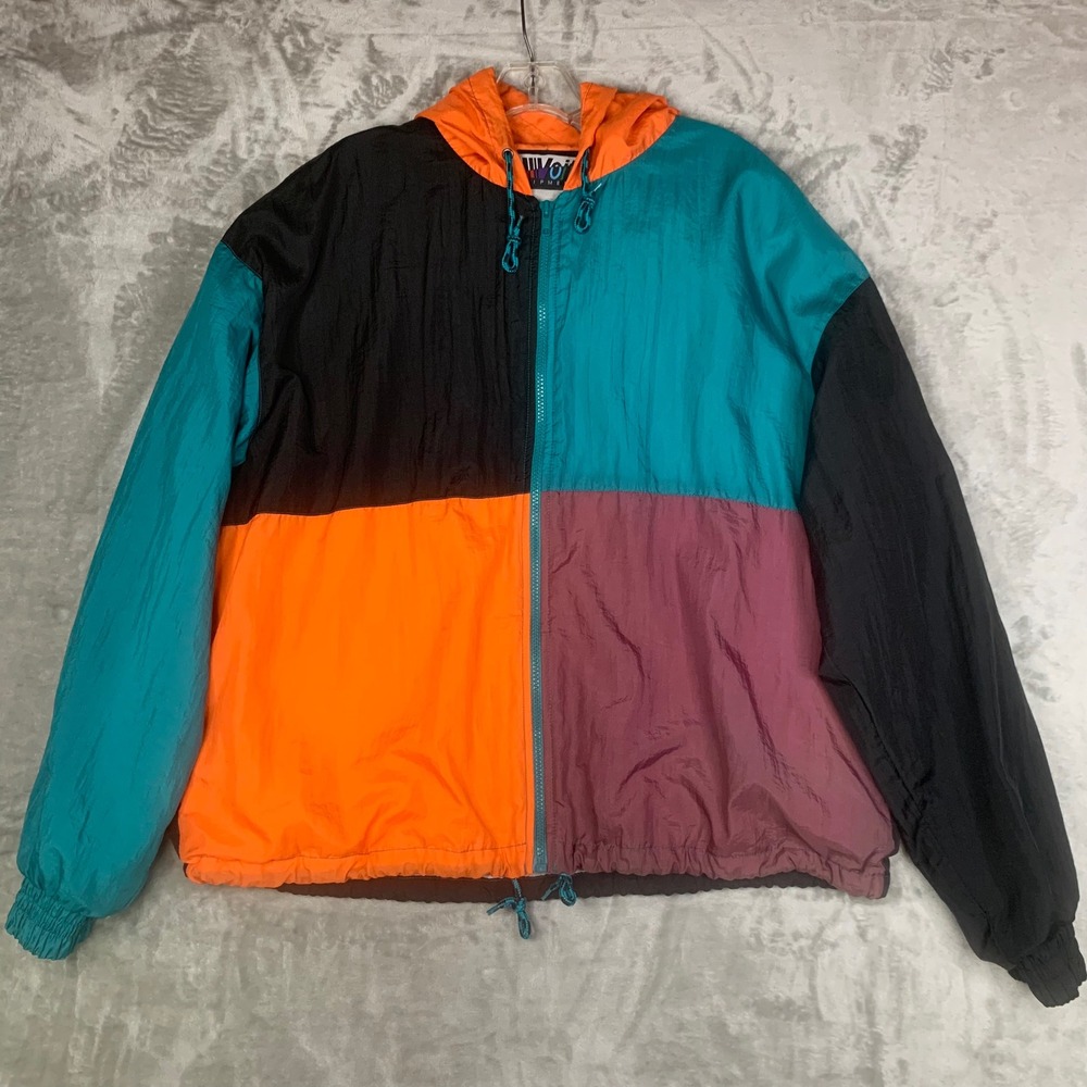 VTG Voit Equipment Colorblock Windbreaker Jacket Hooded Teal Orange Mens L Retro